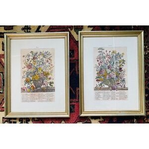 Vintage May June Botanical Floral Art Prints Gold Framed Set of 2